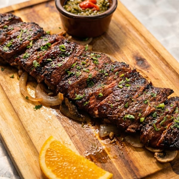Sliced grilled steak with onions, mushrooms, and an orange slice on a wooden board.