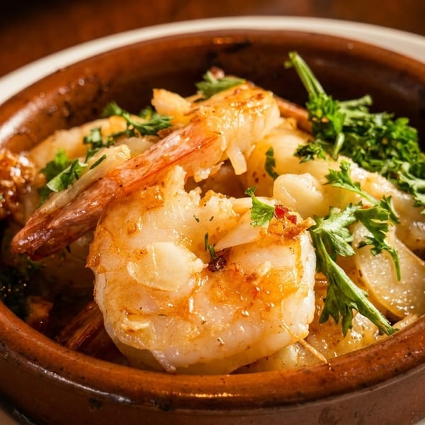Close-up of sizzling garlic shrimp (gambas al ajillo) in a rustic brown ceramic dish, garnished with parsley.
